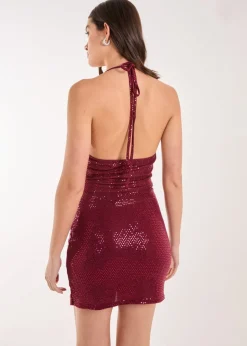 Tops>Pink Vanilla Red Mirror Sequin Halter Crop Top