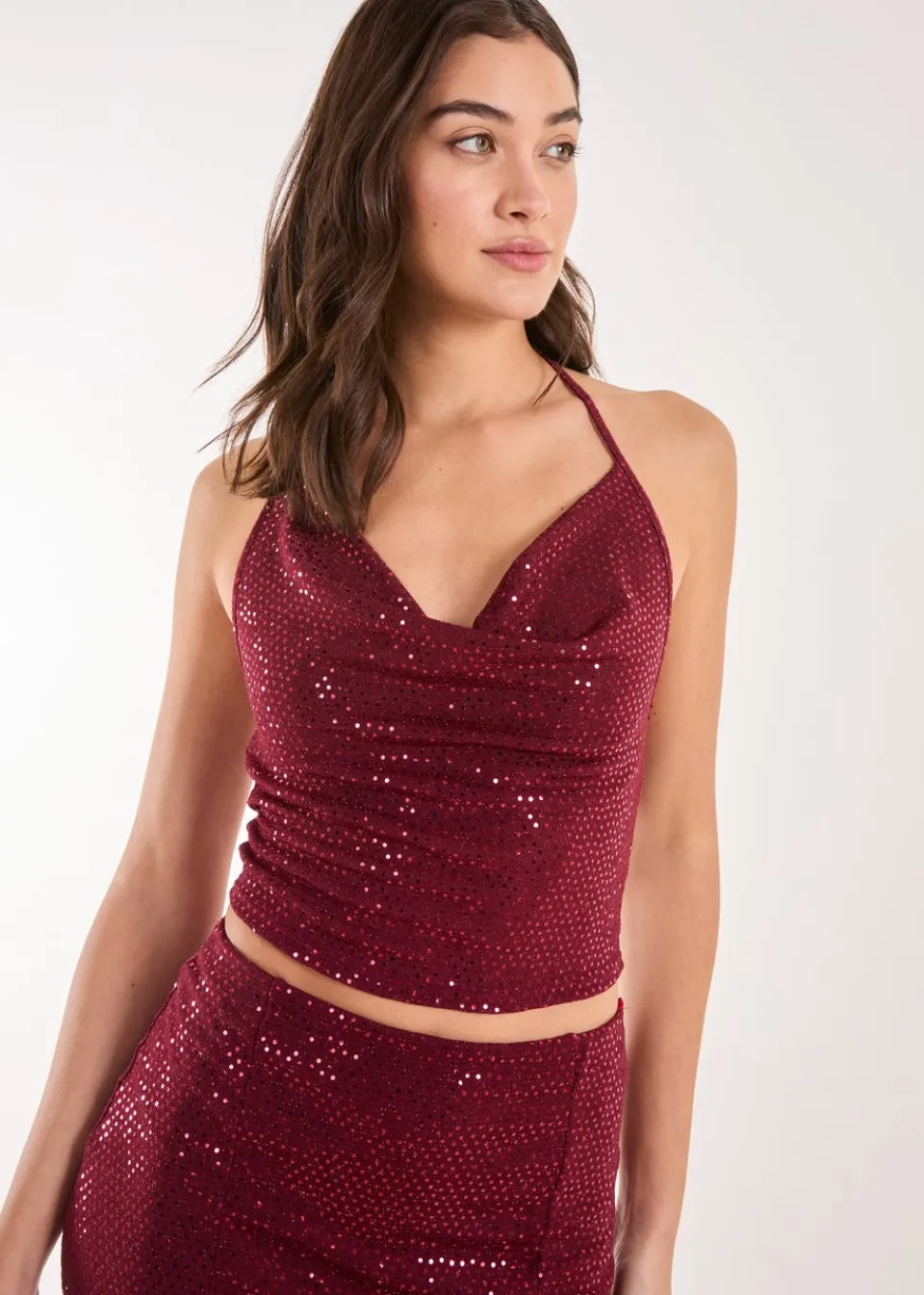 Tops>Pink Vanilla Red Mirror Sequin Halter Crop Top