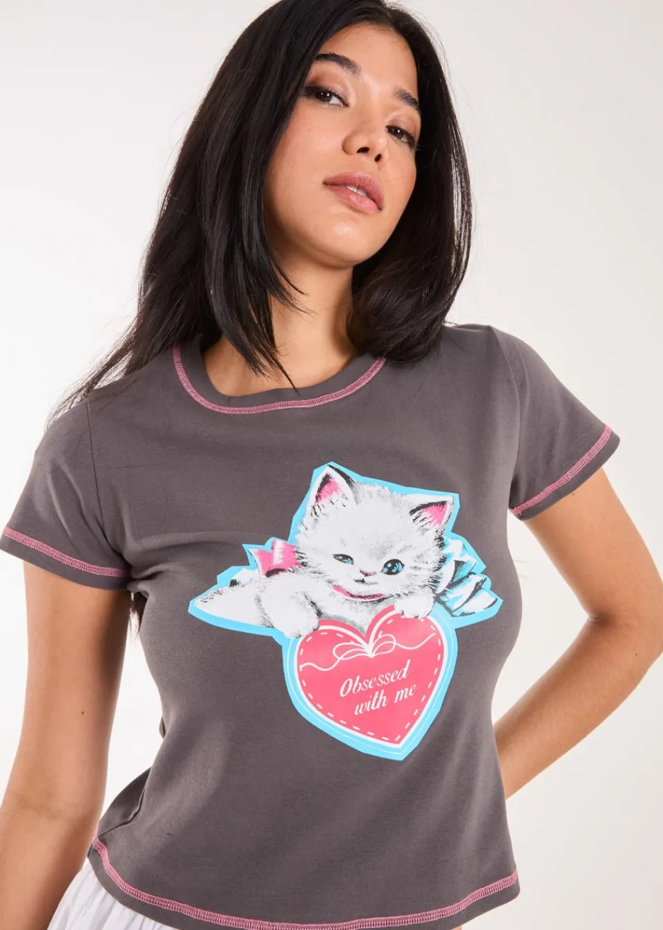 T-Shirts>Pink Vanilla Slate Kitten Print Baby Tee