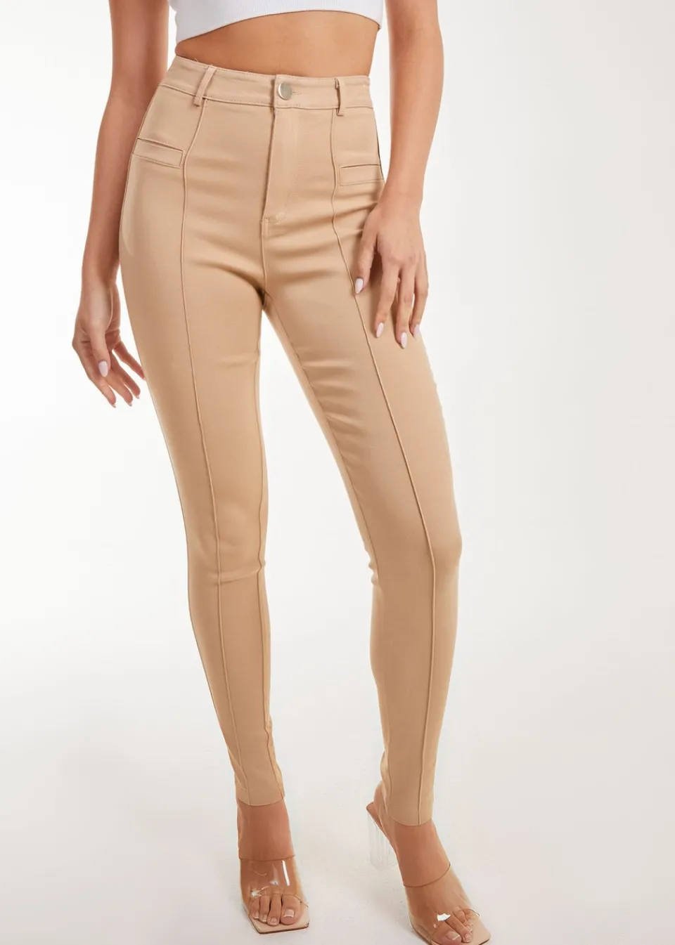 Trousers>Pink Vanilla Slim Fit Seam Detail Trousers Natural