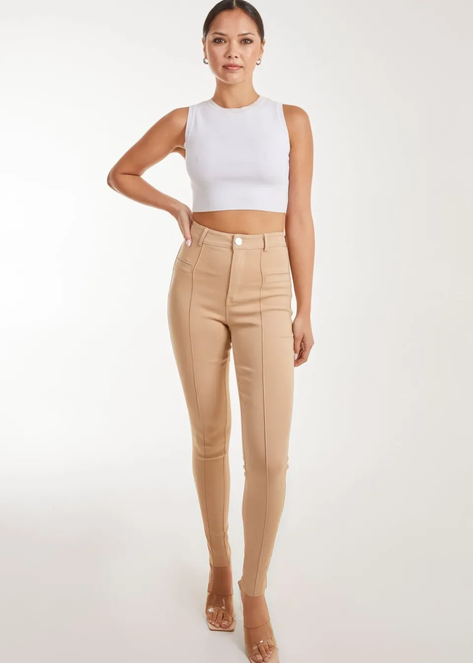 Trousers>Pink Vanilla Slim Fit Seam Detail Trousers Natural