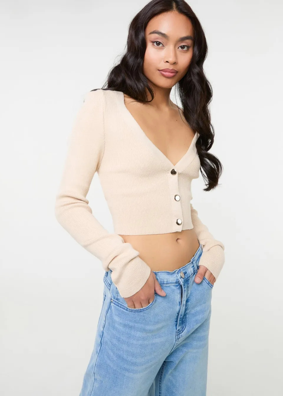 Tops>Pink Vanilla Stone Button Front Cropped Cardigan