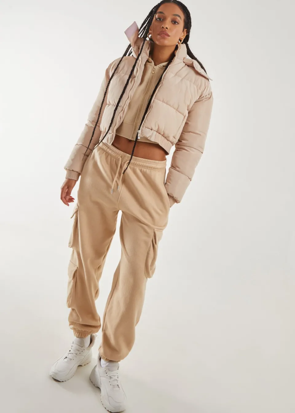 Coats & Jackets>Pink Vanilla Cropped Padded Hooded Coat Stone