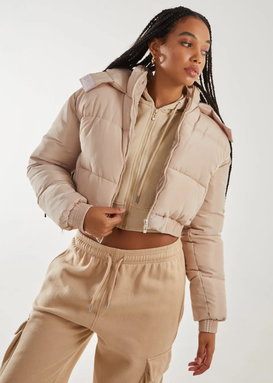 Coats & Jackets>Pink Vanilla Cropped Padded Hooded Coat Stone