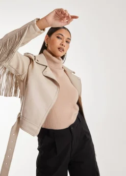 Coats & Jackets>Pink Vanilla Stone Fringed Cropped PU Jacket