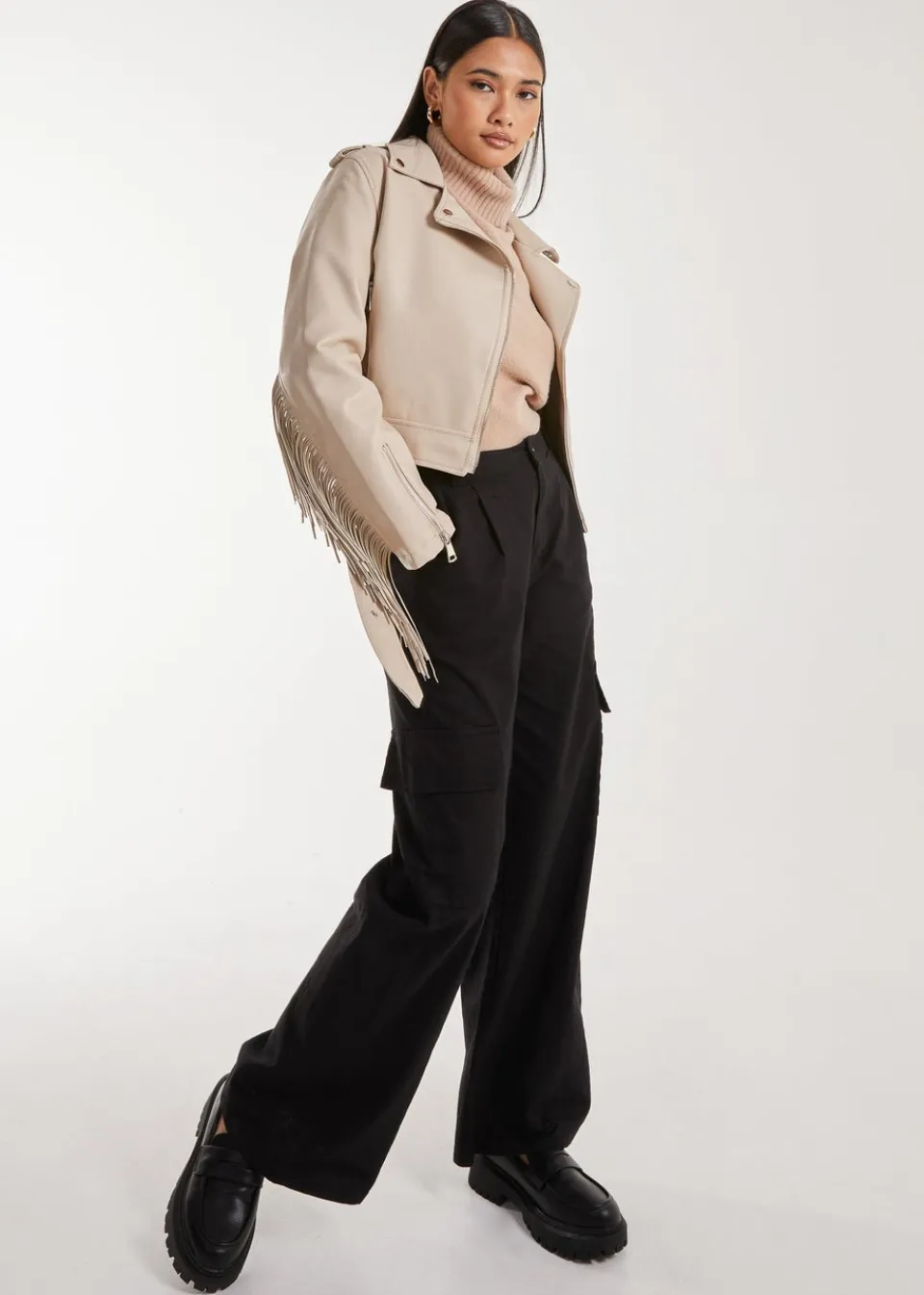 Coats & Jackets>Pink Vanilla Stone Fringed Cropped PU Jacket