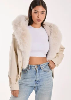 Coats & Jackets>Pink Vanilla Stone Fur Hooded Cropped Utility Jacket
