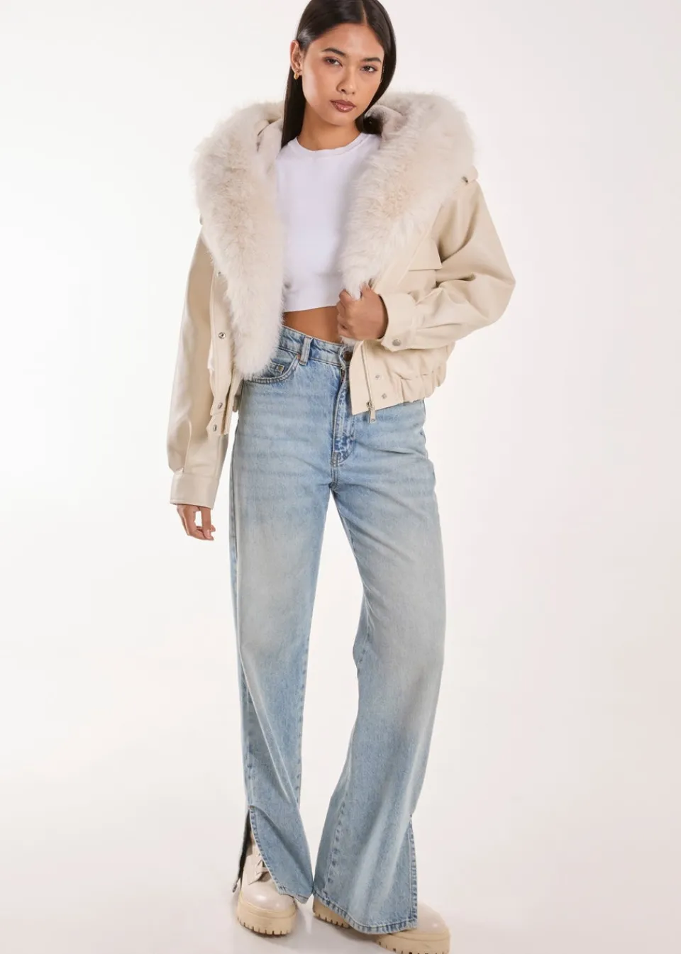 Coats & Jackets>Pink Vanilla Stone Fur Hooded Cropped Utility Jacket