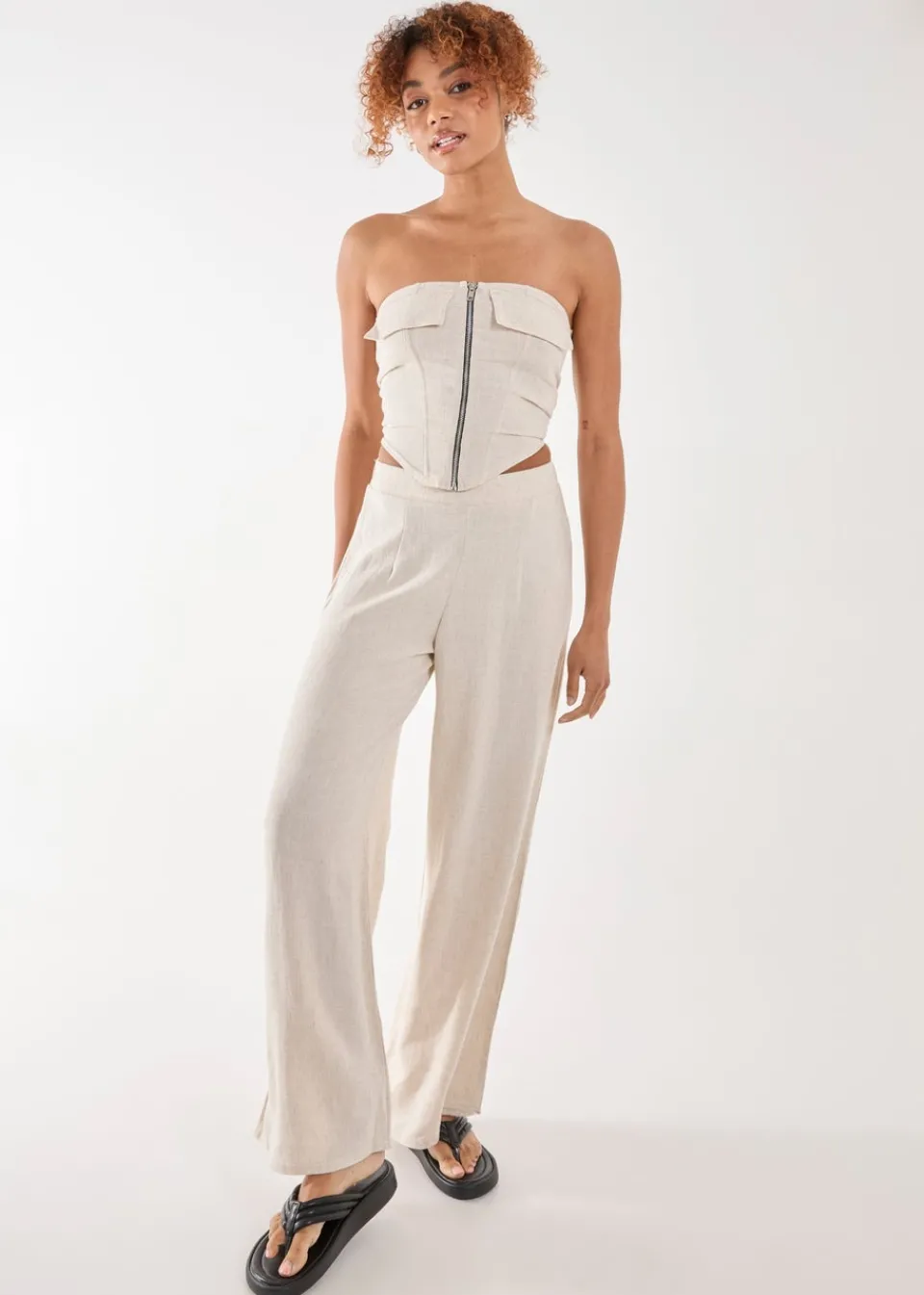 Trousers>Pink Vanilla Stone Linen Straight High Waist Trousers