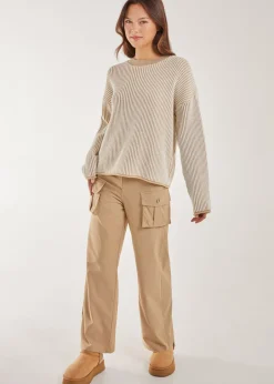 Trousers>Pink Vanilla Oversized Pocket Wide Leg Cargo Trousers Stone