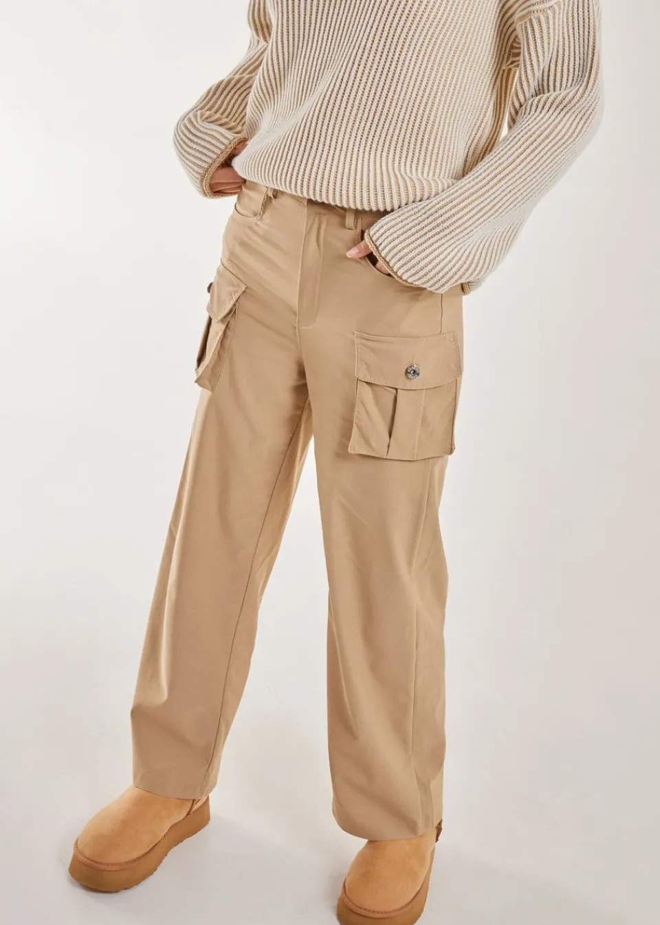 Trousers>Pink Vanilla Oversized Pocket Wide Leg Cargo Trousers Stone