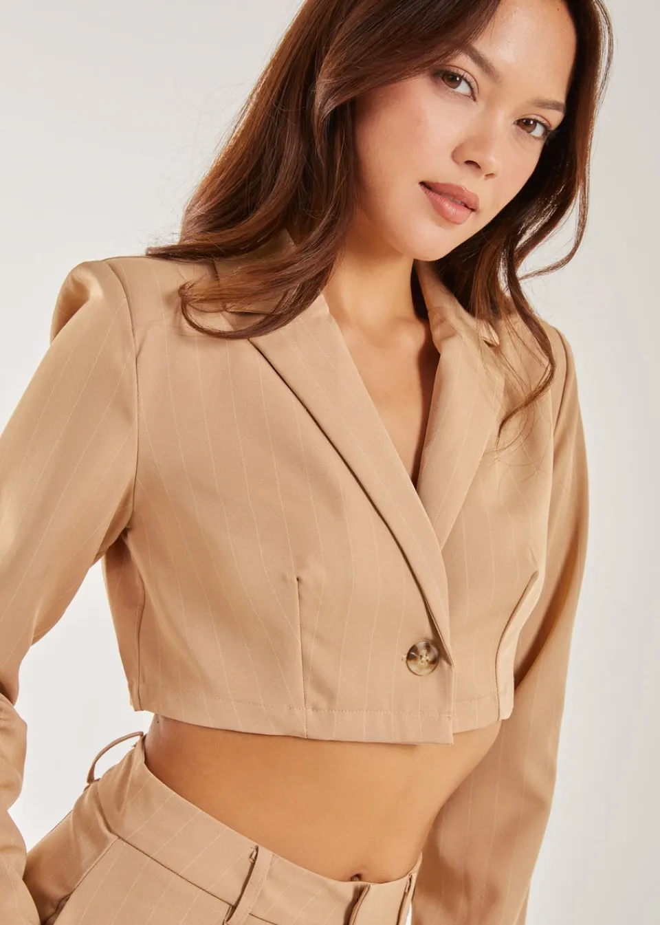 Co-Ord Sets>Pink Vanilla Stone Pinstripe Cropped Blazer