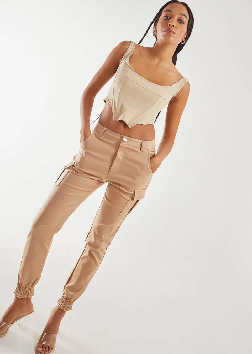 Trousers>Pink Vanilla PU Cuffed Cargo Trousers Stone