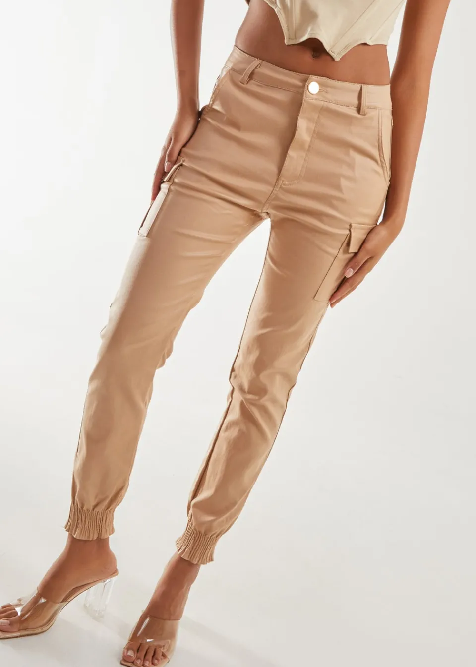 Trousers>Pink Vanilla PU Cuffed Cargo Trousers Stone