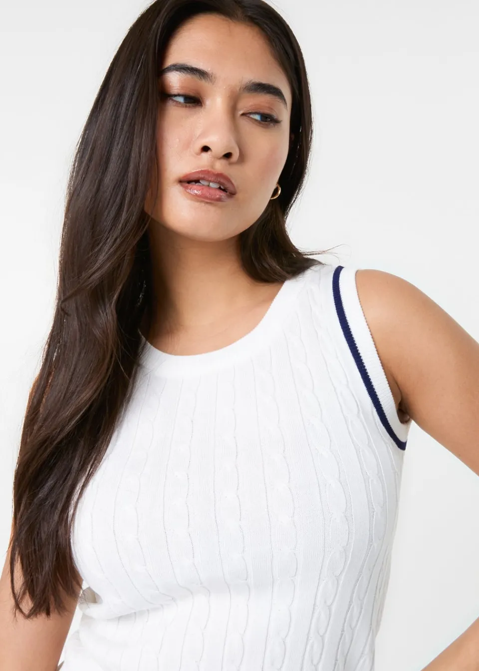 Tops>Pink Vanilla White Cable Knit Vest With Contrast Piping