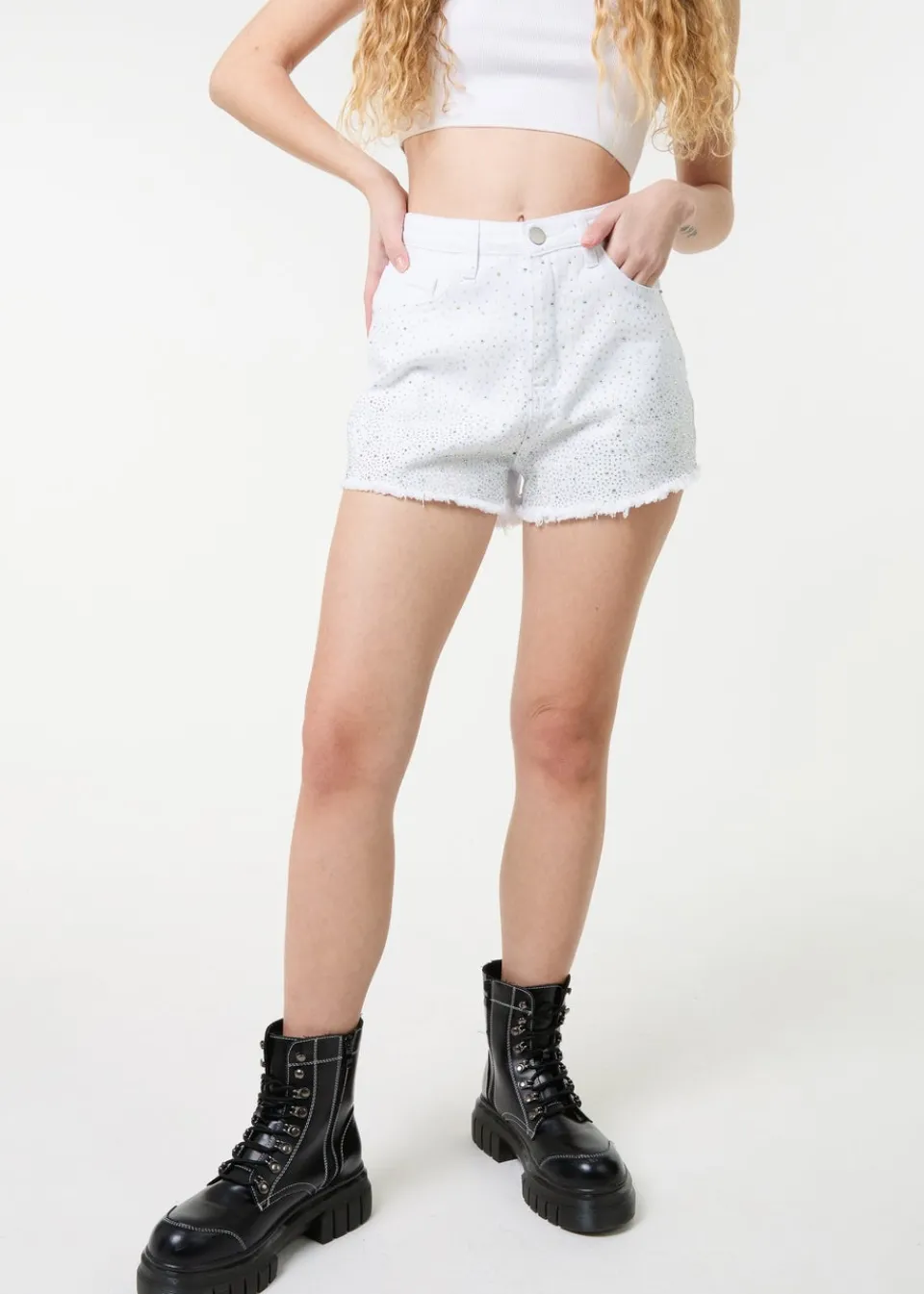 Shorts>Pink Vanilla White Denim Glitter Effect Diamante Shorts