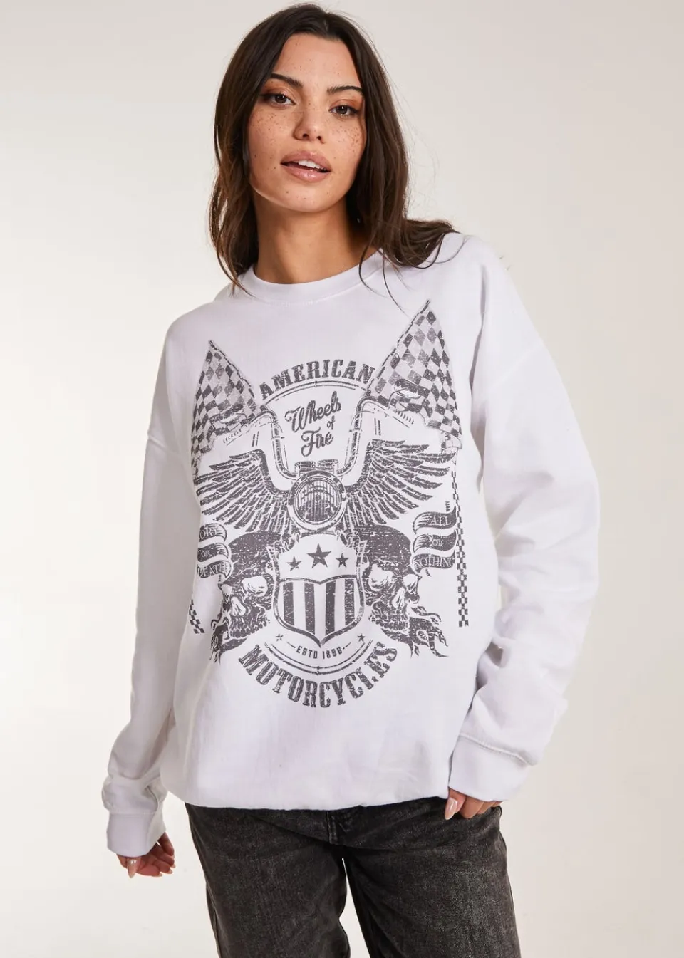 Tops>Pink Vanilla White Printed American Sweatshirt