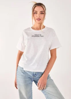 T-Shirts>Pink Vanilla White Rhinestone Slogan Cropped T-shirt