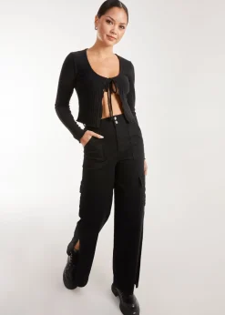 Trousers>Pink Vanilla Wide Straight Leg Pocket Cargo Trousers Black