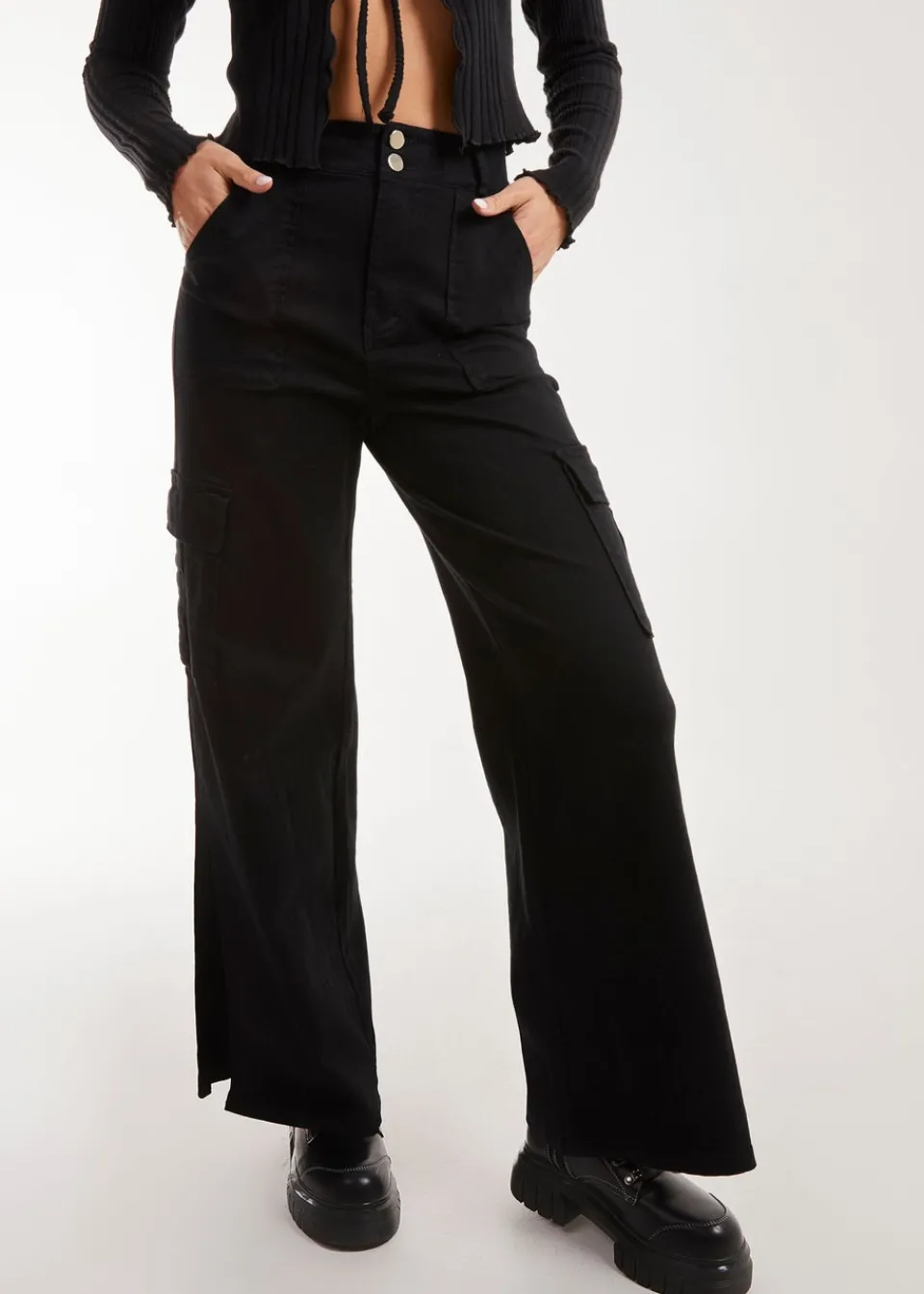 Trousers>Pink Vanilla Wide Straight Leg Pocket Cargo Trousers Black