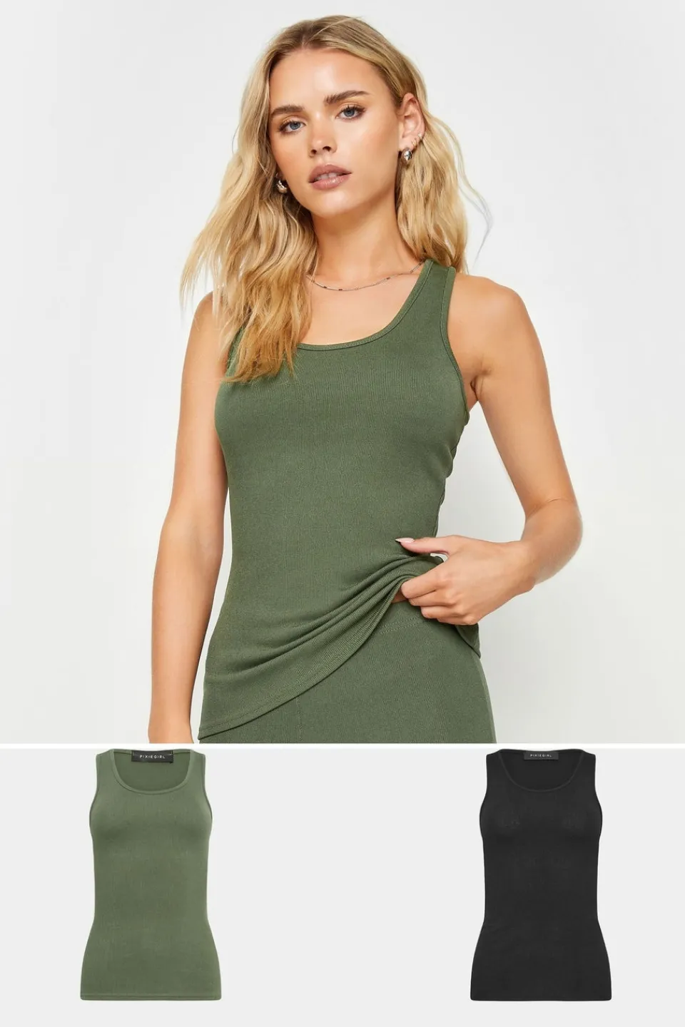 Tops>PIXIEGIRL 2 Pack Khaki Green & Black Ribbed Racer Back Vest Tops