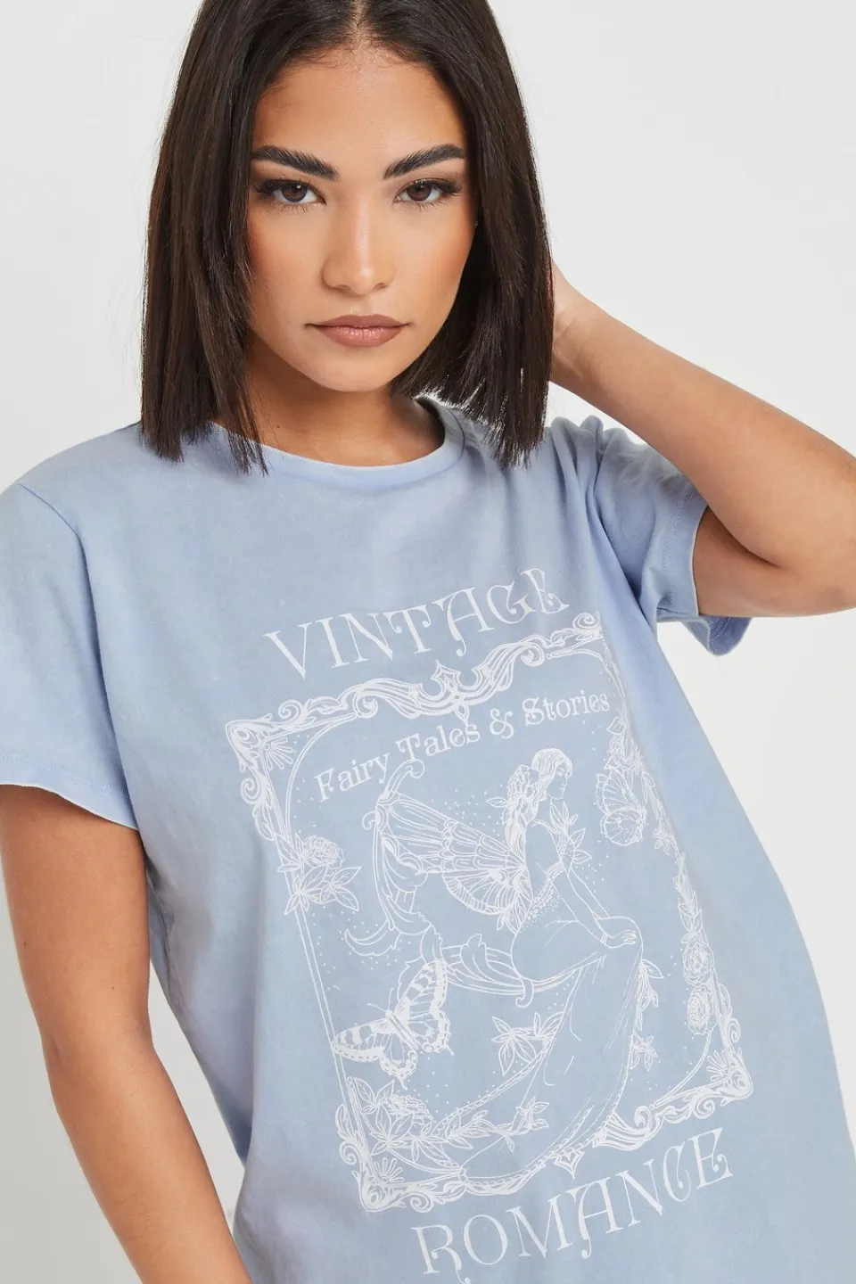 T-Shirts>PIXIEGIRL Light Blue Vintage Romance Slogan T-Shirt