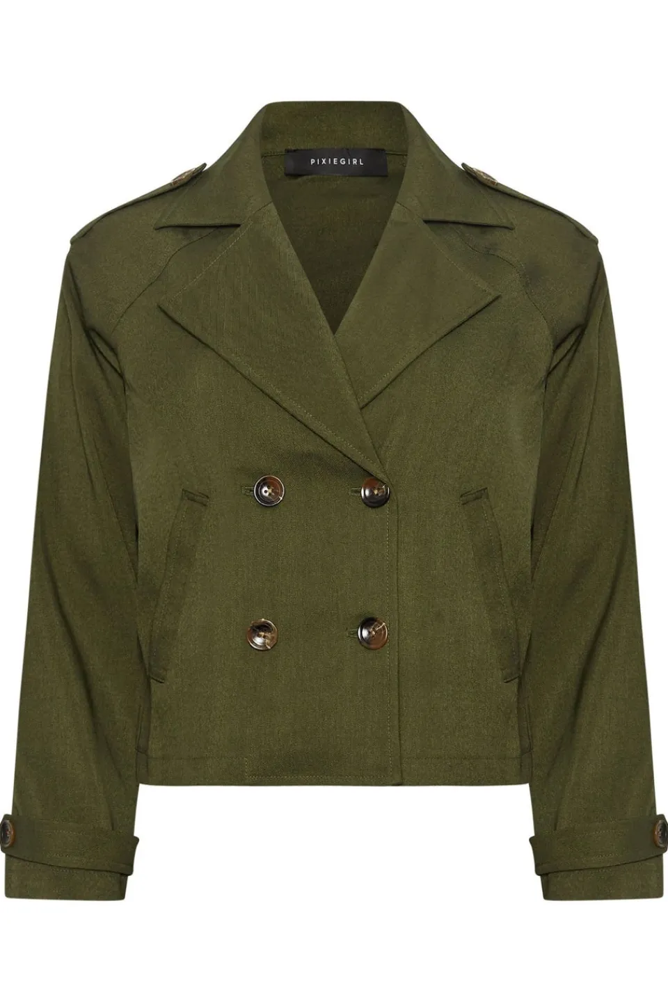 Coats & Jackets>PIXIEGIRL Olive Green Cropped Trench Duster Coat
