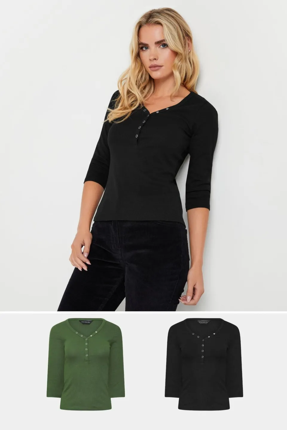 T-Shirts>PIXIEGIRL Petite 2 Pack Black & Khaki Green Button Henley Tops