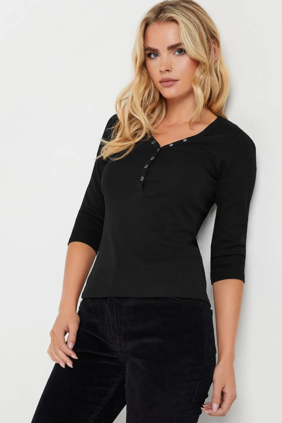 T-Shirts>PIXIEGIRL Petite 2 Pack Black & Khaki Green Button Henley Tops