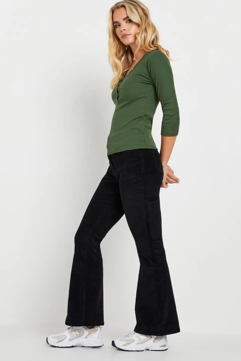T-Shirts>PIXIEGIRL Petite 2 Pack Black & Khaki Green Button Henley Tops
