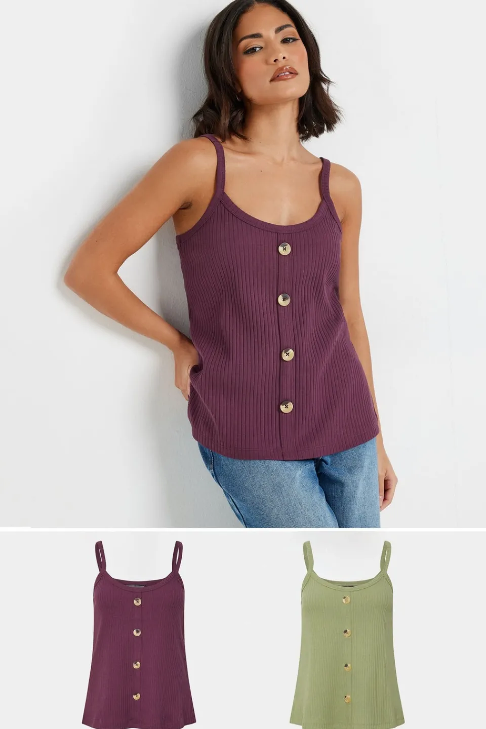 Tops>PIXIEGIRL Petite 2 Pack Sage Green & Purple Button Down Cami Tops