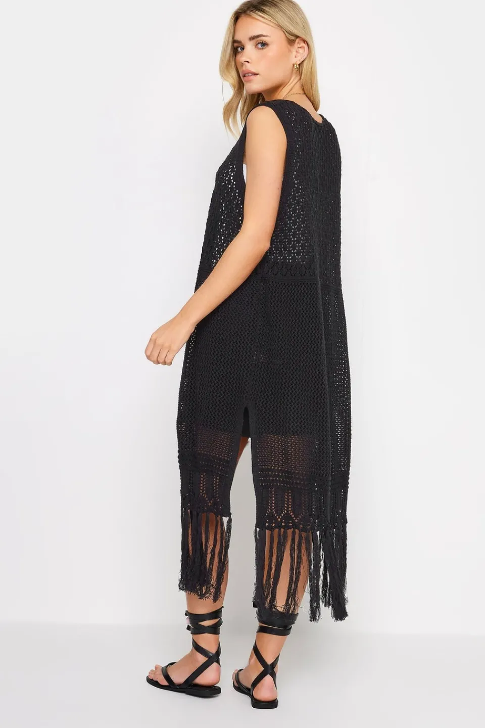 Tops>PIXIEGIRL Petite Black Crochet Longline Waistcoat