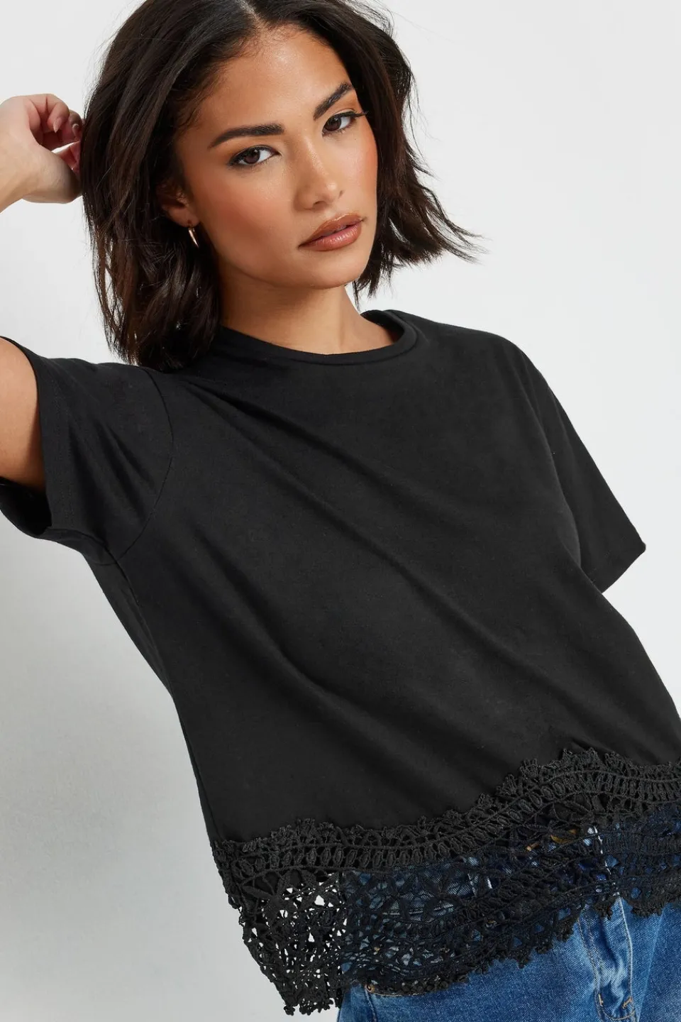 Tops>PIXIEGIRL Petite Black Crochet Hemline T-Shirt