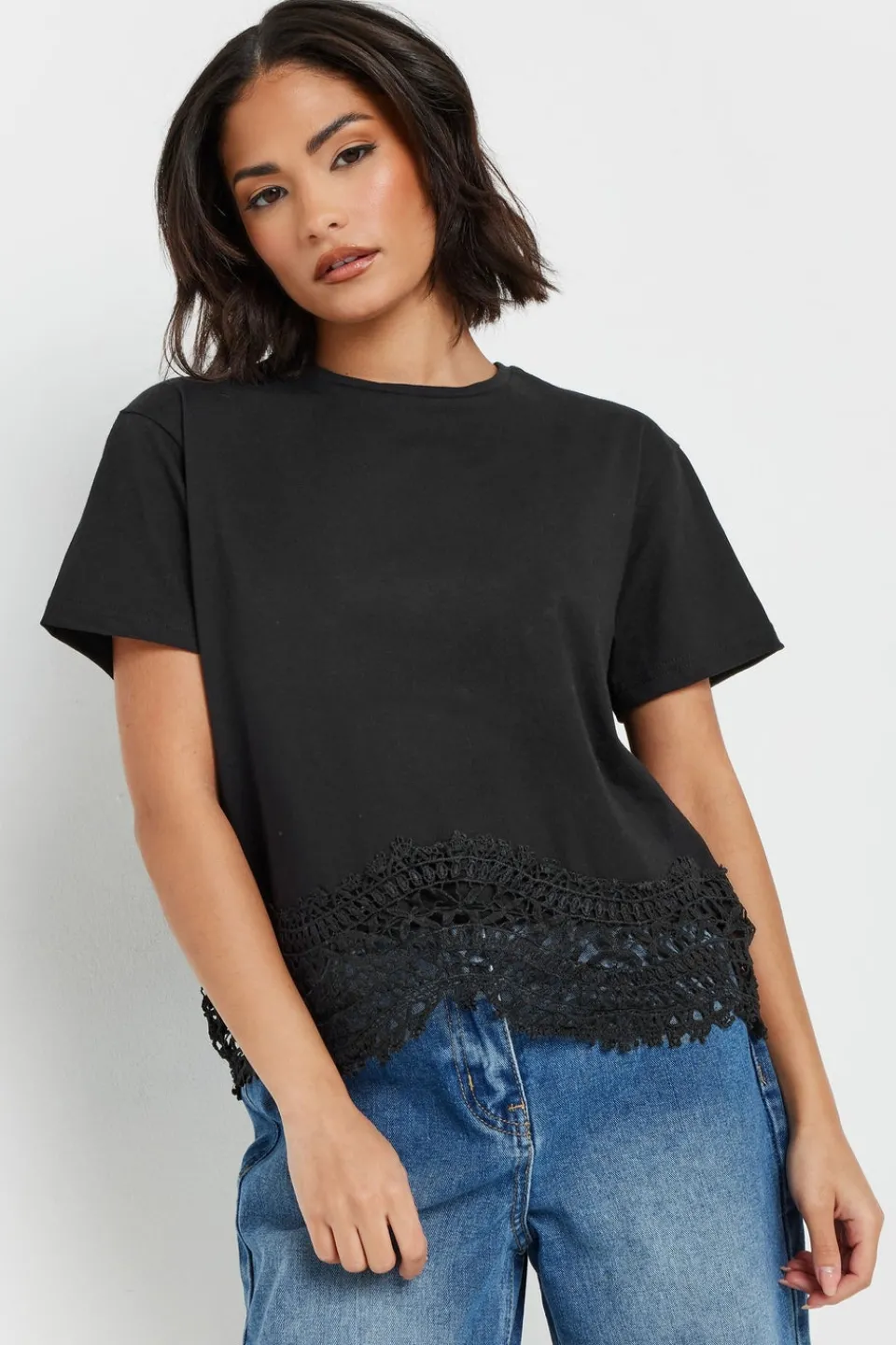Tops>PIXIEGIRL Petite Black Crochet Hemline T-Shirt
