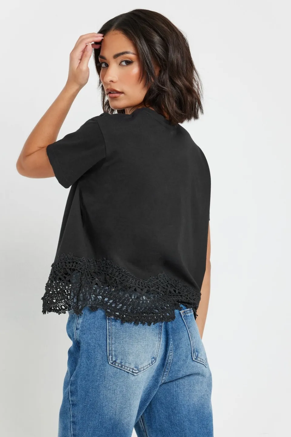 Tops>PIXIEGIRL Petite Black Crochet Hemline T-Shirt