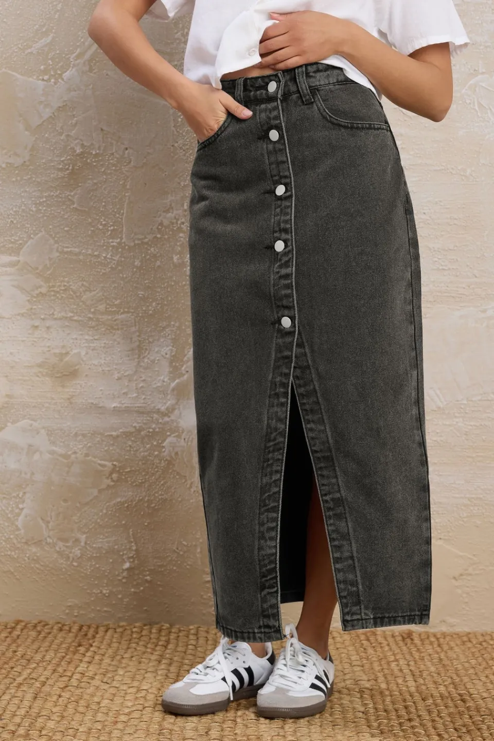 Skirts>PIXIEGIRL Petite Black Denim Button Midi Skirt