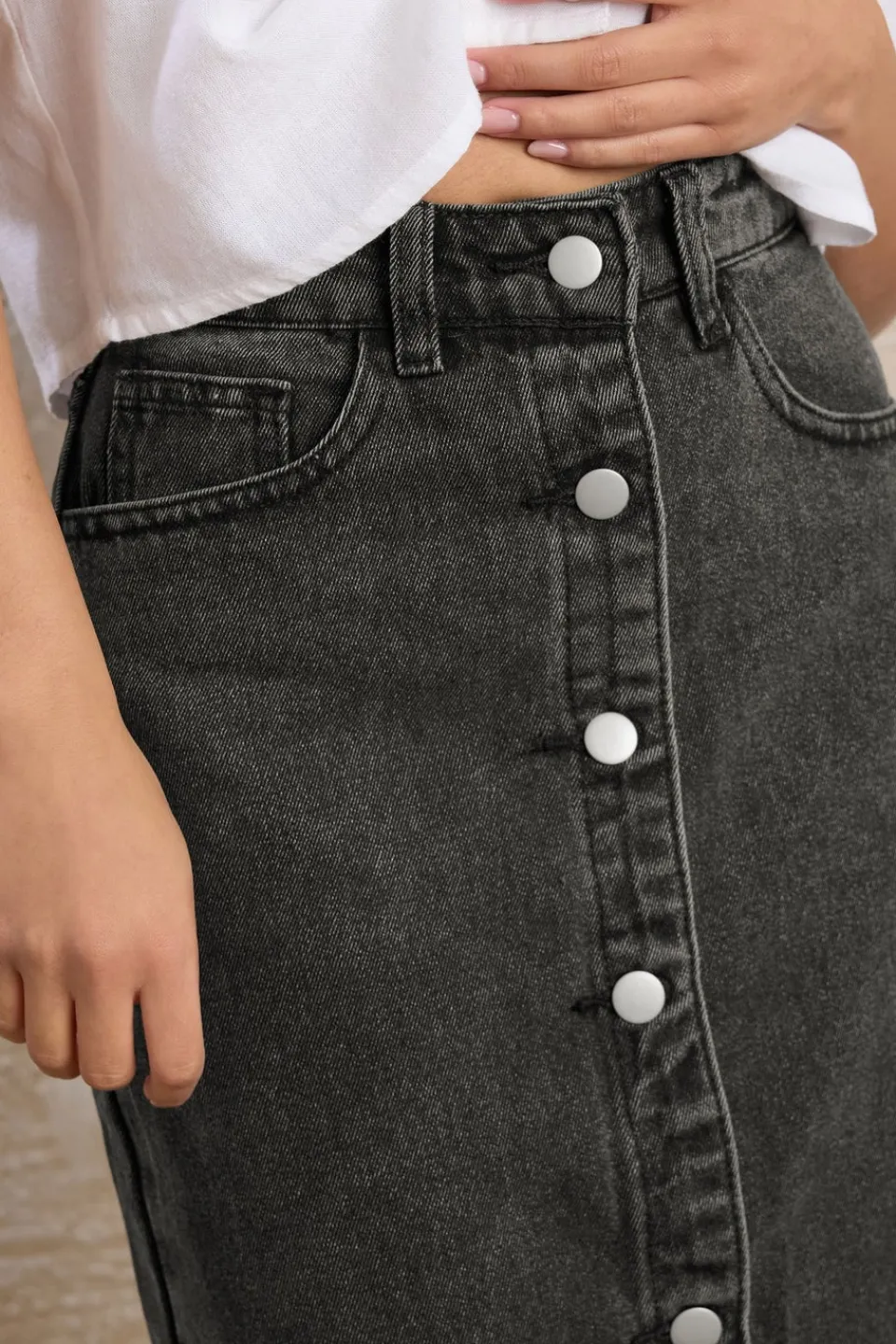 Skirts>PIXIEGIRL Petite Black Denim Button Midi Skirt