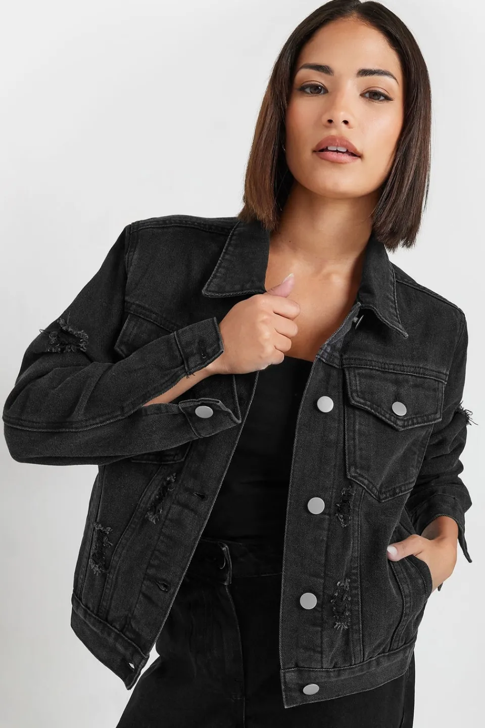 Coats & Jackets>PIXIEGIRL Petite Black Distressed Denim Jacket
