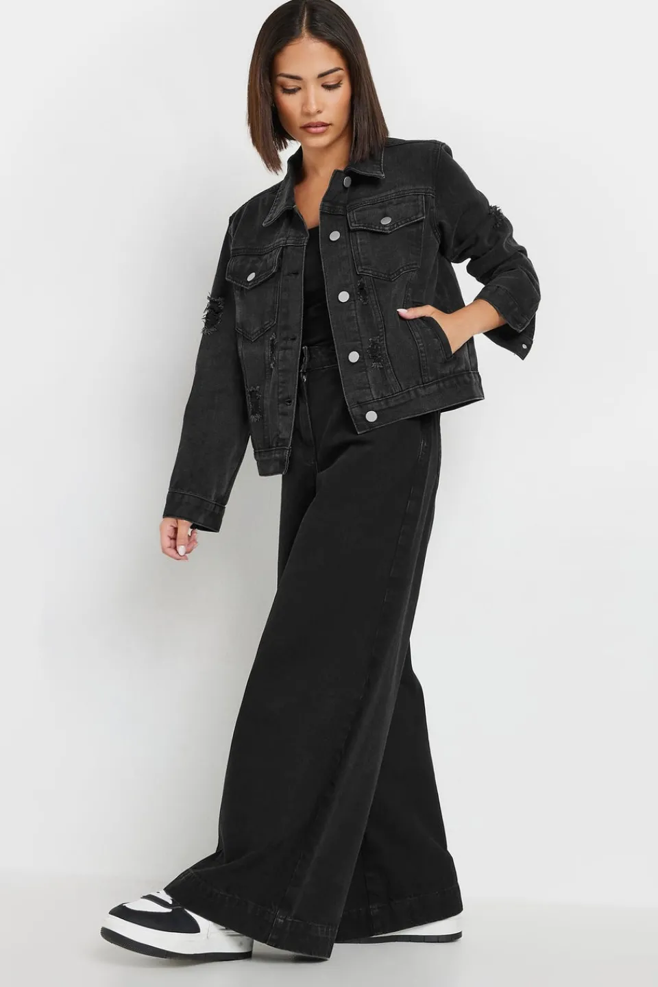 Coats & Jackets>PIXIEGIRL Petite Black Distressed Denim Jacket