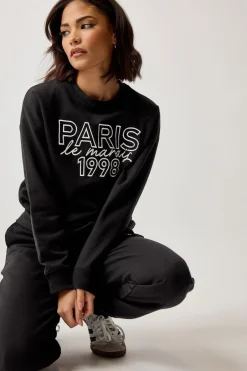 Loungewear>PIXIEGIRL Petite Black Jersey 'Paris' Slogan Sweatshirt