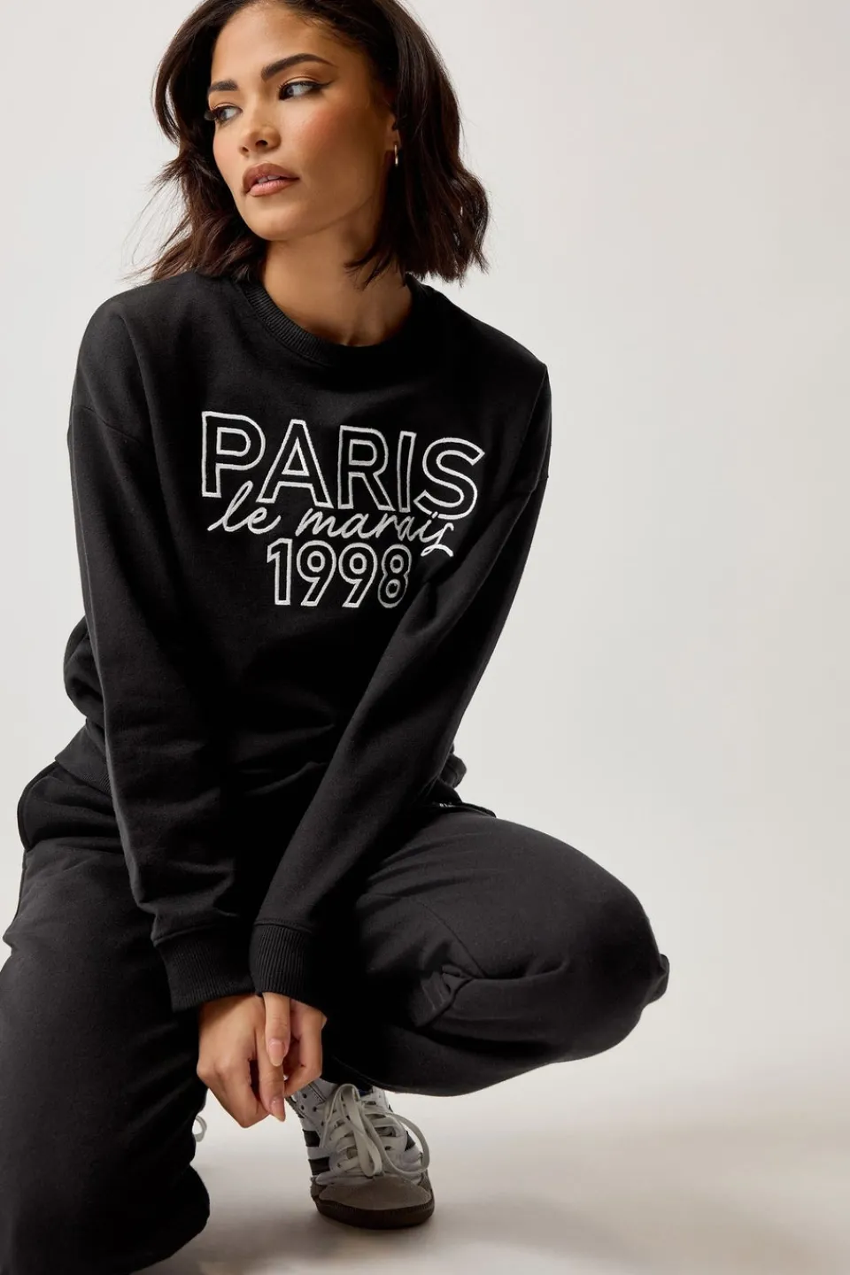 Loungewear>PIXIEGIRL Petite Black Jersey 'Paris' Slogan Sweatshirt