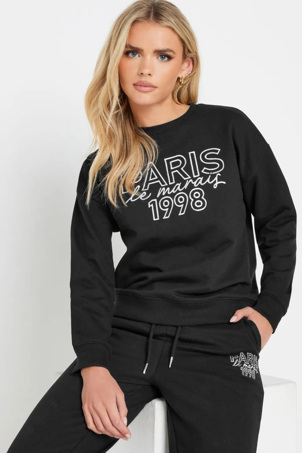 Loungewear>PIXIEGIRL Petite Black Jersey 'Paris' Slogan Sweatshirt