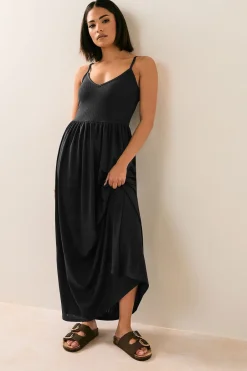 Dresses>PIXIEGIRL Petite Black Ribbed Strappy Maxi Dress