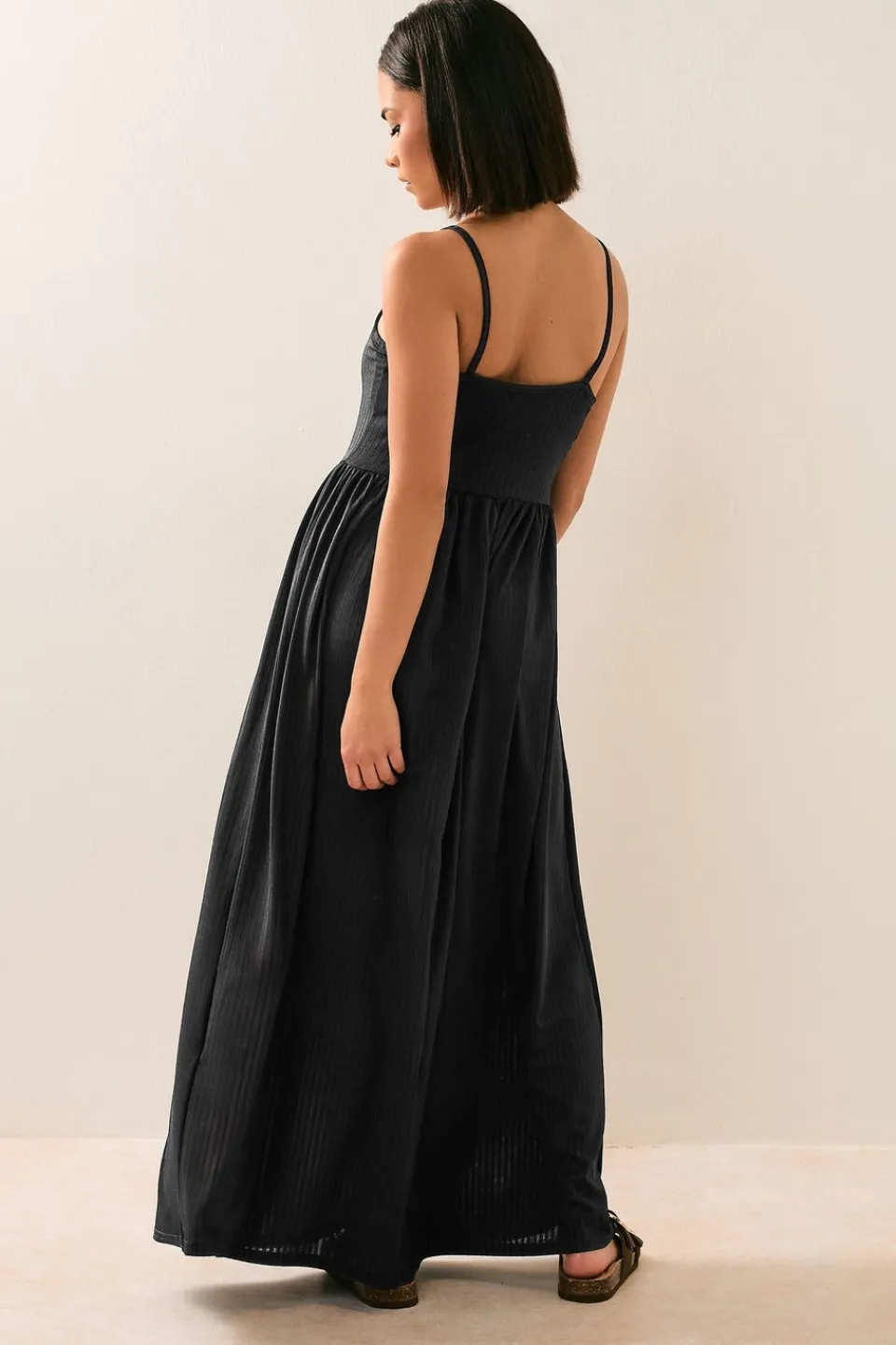 Dresses>PIXIEGIRL Petite Black Ribbed Strappy Maxi Dress