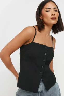 Tops>PIXIEGIRL Petite Black Structured Button Vest Top