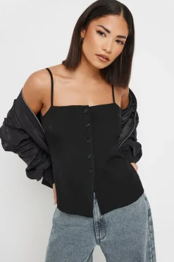Tops>PIXIEGIRL Petite Black Structured Button Vest Top