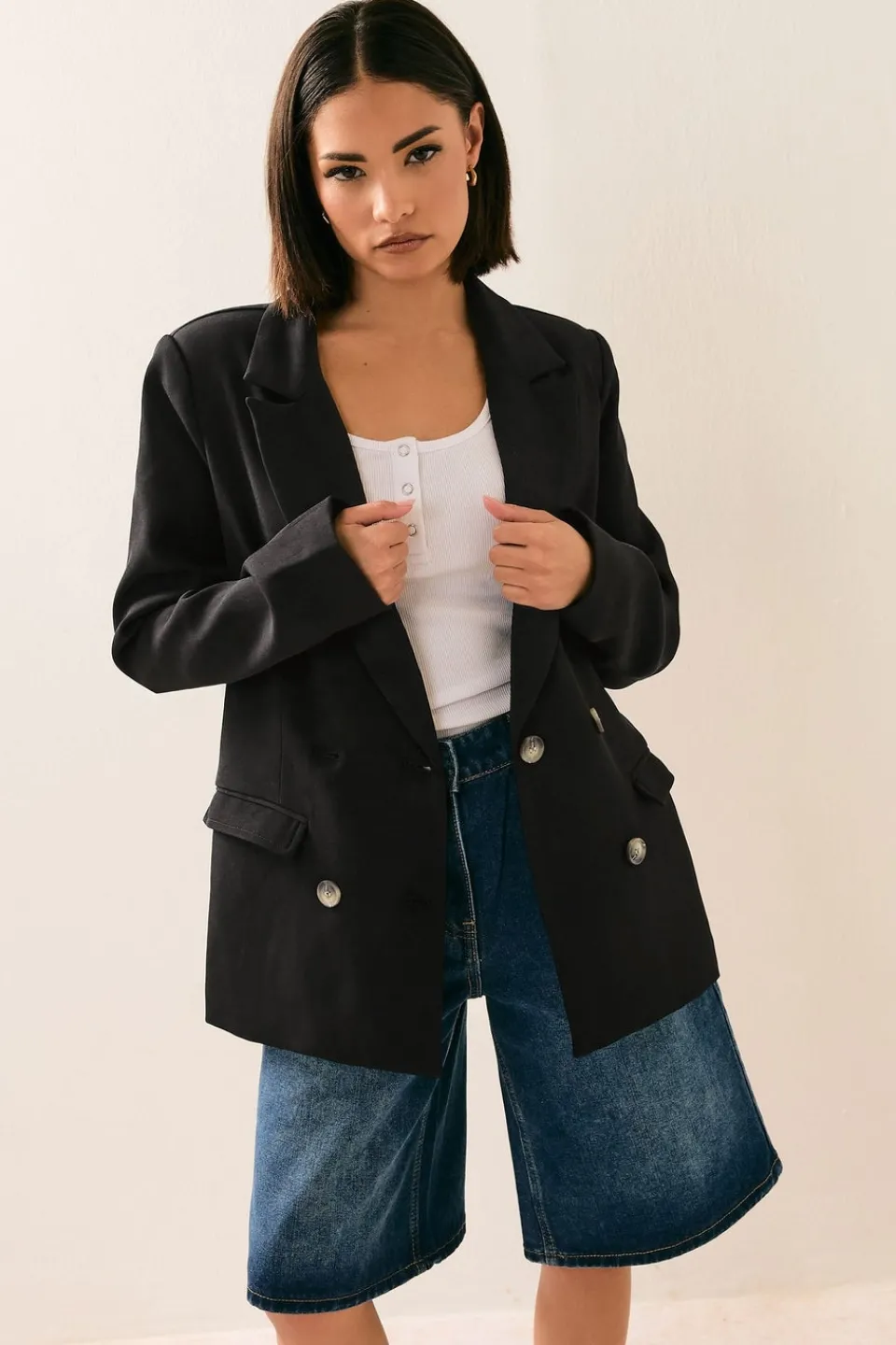 Coats & Jackets>PIXIEGIRL Petite Black Tailored Double Breasted Blazer