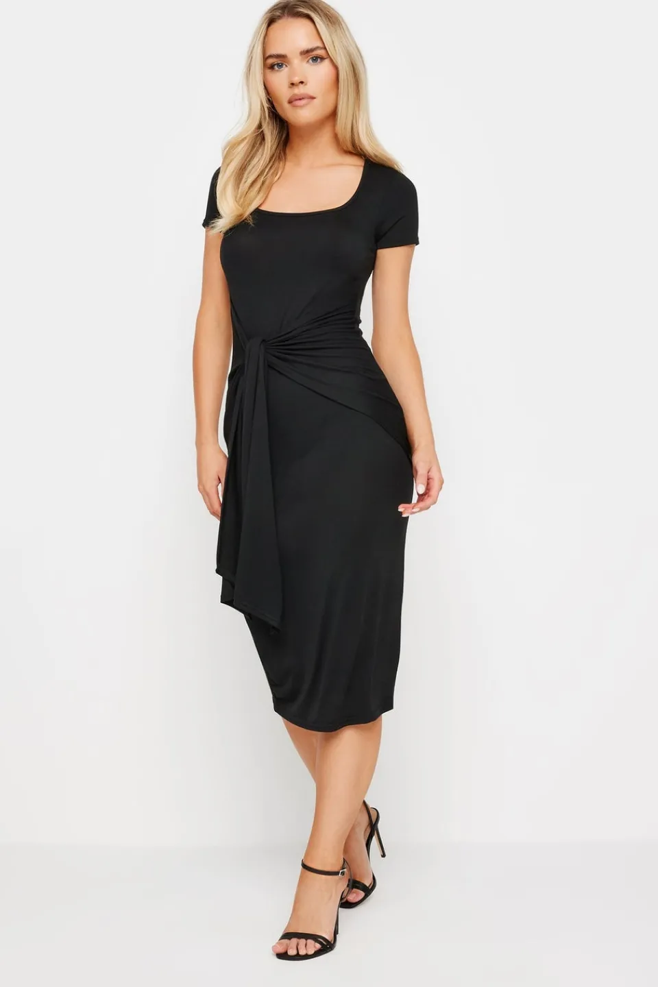 Dresses>PIXIEGIRL Petite Black Tie Front Bodycon Midi Dress