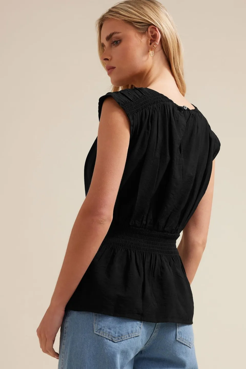 Tops>PIXIEGIRL Petite Black Woven Shirred Waist Top