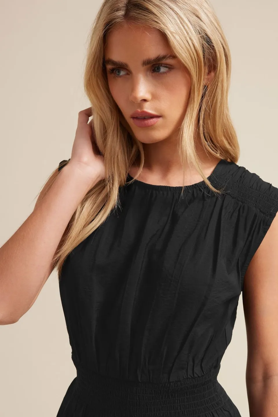 Tops>PIXIEGIRL Petite Black Woven Shirred Waist Top